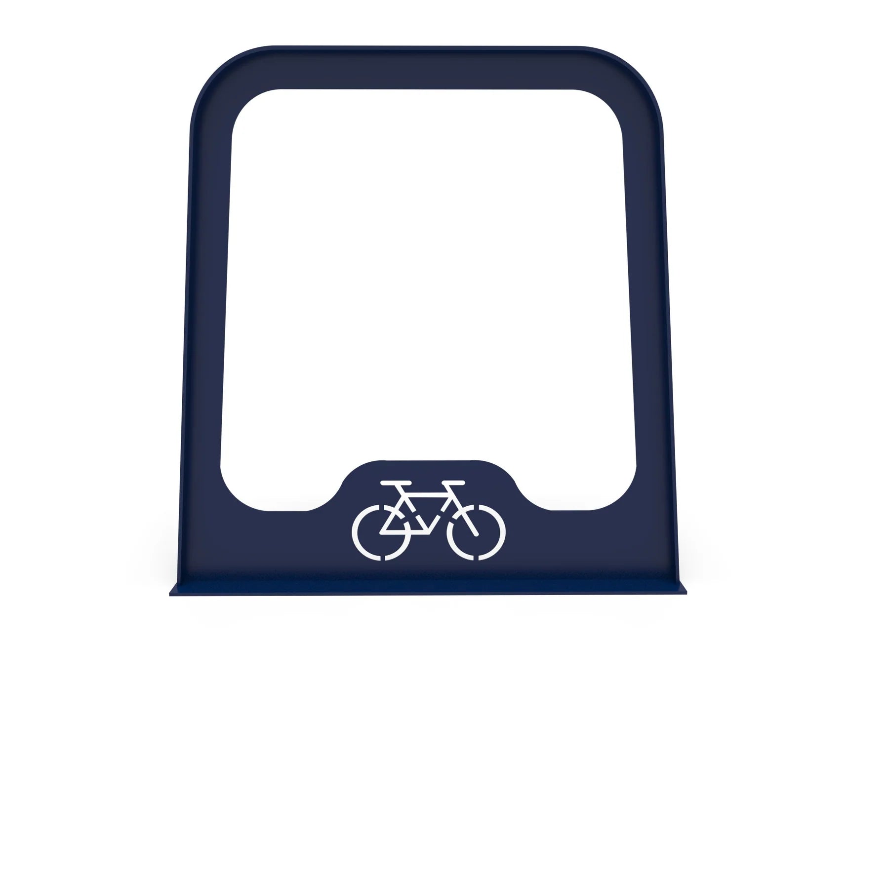 Blue Wabash Valley Designer bike rack, powder coated steel commercial bike parking rack with a cut bicycle graphic in the panel