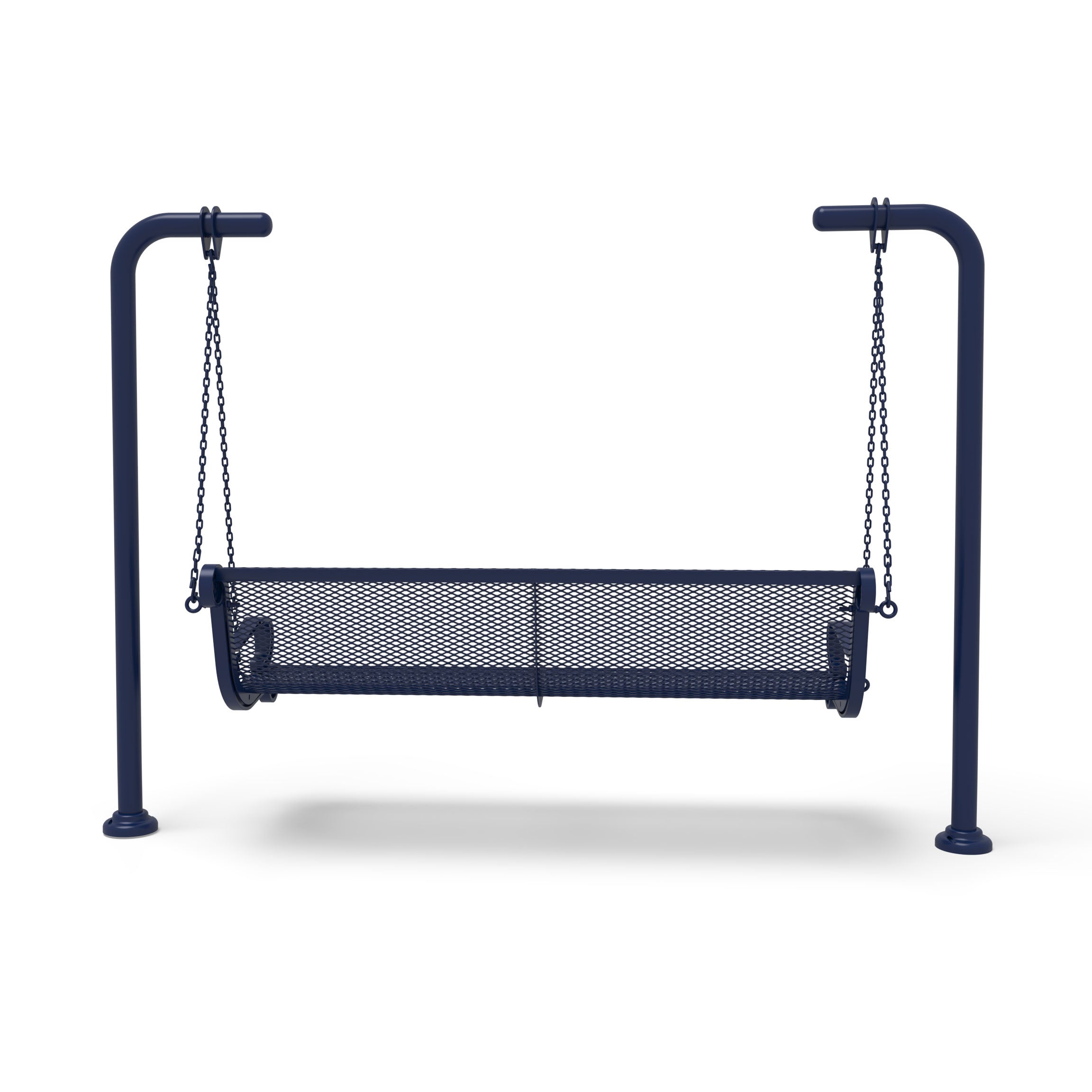 Blue Wabash Valley Estate Diamond Swing Bench, back view, plastisol-coated steel seat on inground posts, patio swing bench