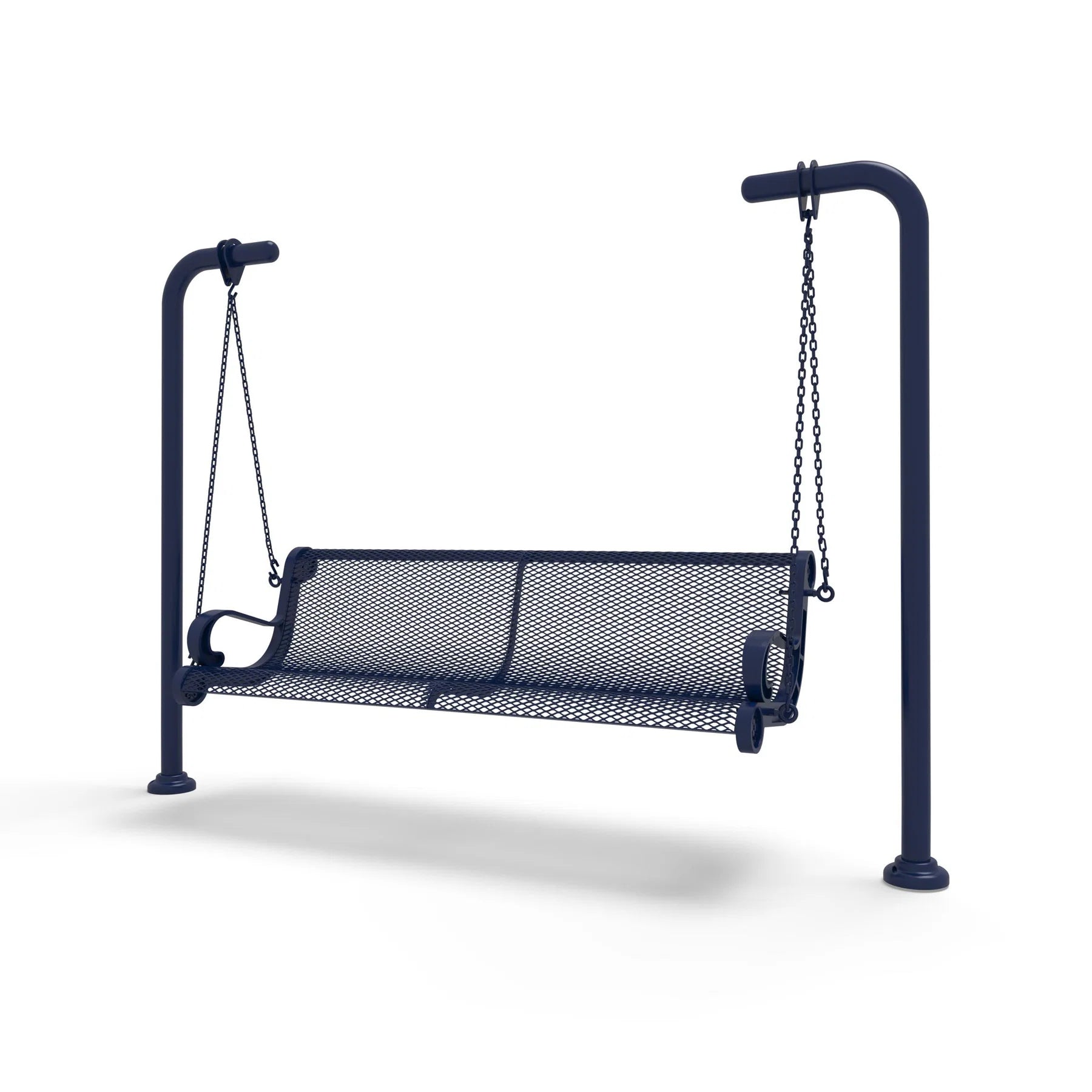 Blue Wabash Valley Estate Diamond Swing Bench, plastisol-coated steel seat on inground posts, garden swing bench