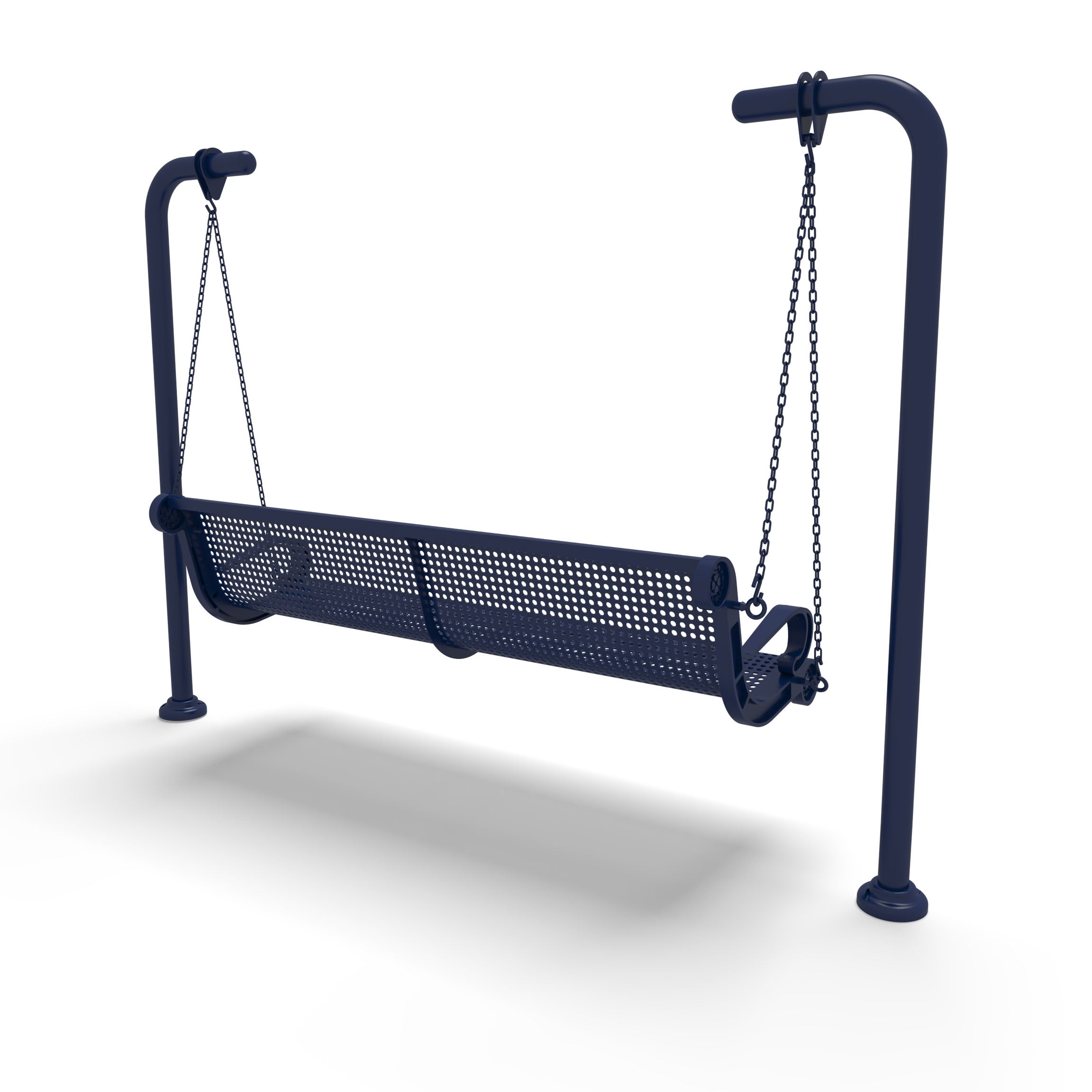 Blue Wabash Valley Estate Perforated Swing Bench, back side angle, plastisol-coated steel seat on inground posts, heavy duty swing frame set in concrete