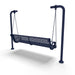 Blue Wabash Valley Estate Perforated Swing Bench, back side angle, plastisol-coated steel seat on inground posts, heavy duty swing frame set in concrete