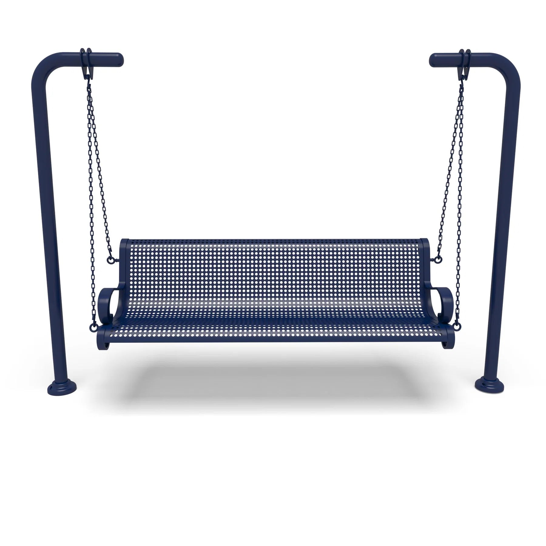 Blue Wabash Valley Estate Perforated Swing Bench, front view, plastisol-coated steel seat on inground posts, outdoor swing for adults