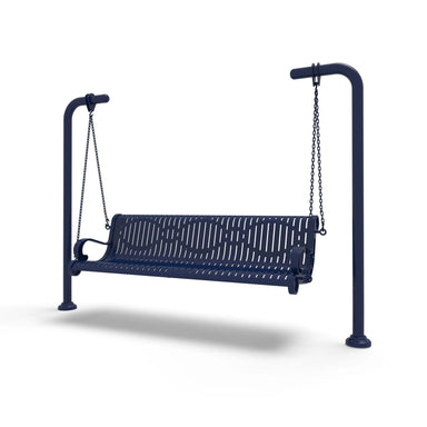 Blue Wabash Valley Estate Ribbed Swing Bench, plastisol-coated steel seat on inground posts, commercial swing for parks and campuses