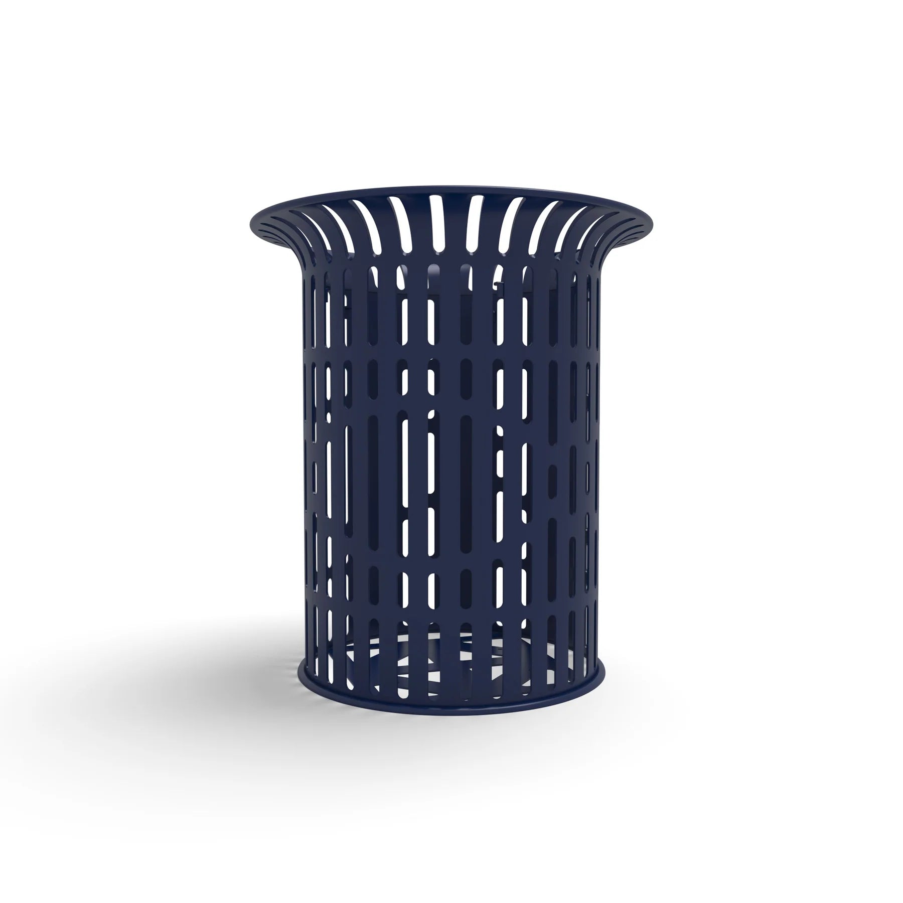 Blue Wabash Valley Flared Commercial Trash Receptacle, Ribbed, plastisol coated steel with a flared top, model FR400R, outdoor trash receptacle