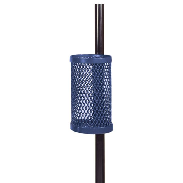 Blue Wabash Valley Pole-Mount Trash Receptacle, 10 gallon diamond expanded metal basket on a pole bracket, plastisol coated, model LR360D, small outdoor trash can