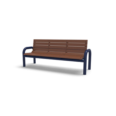 Blue Wabash Valley Rinnova Contemporary Recycled Plastic Bench, Cedar planks with arms on portable legs, contemporary outdoor bench