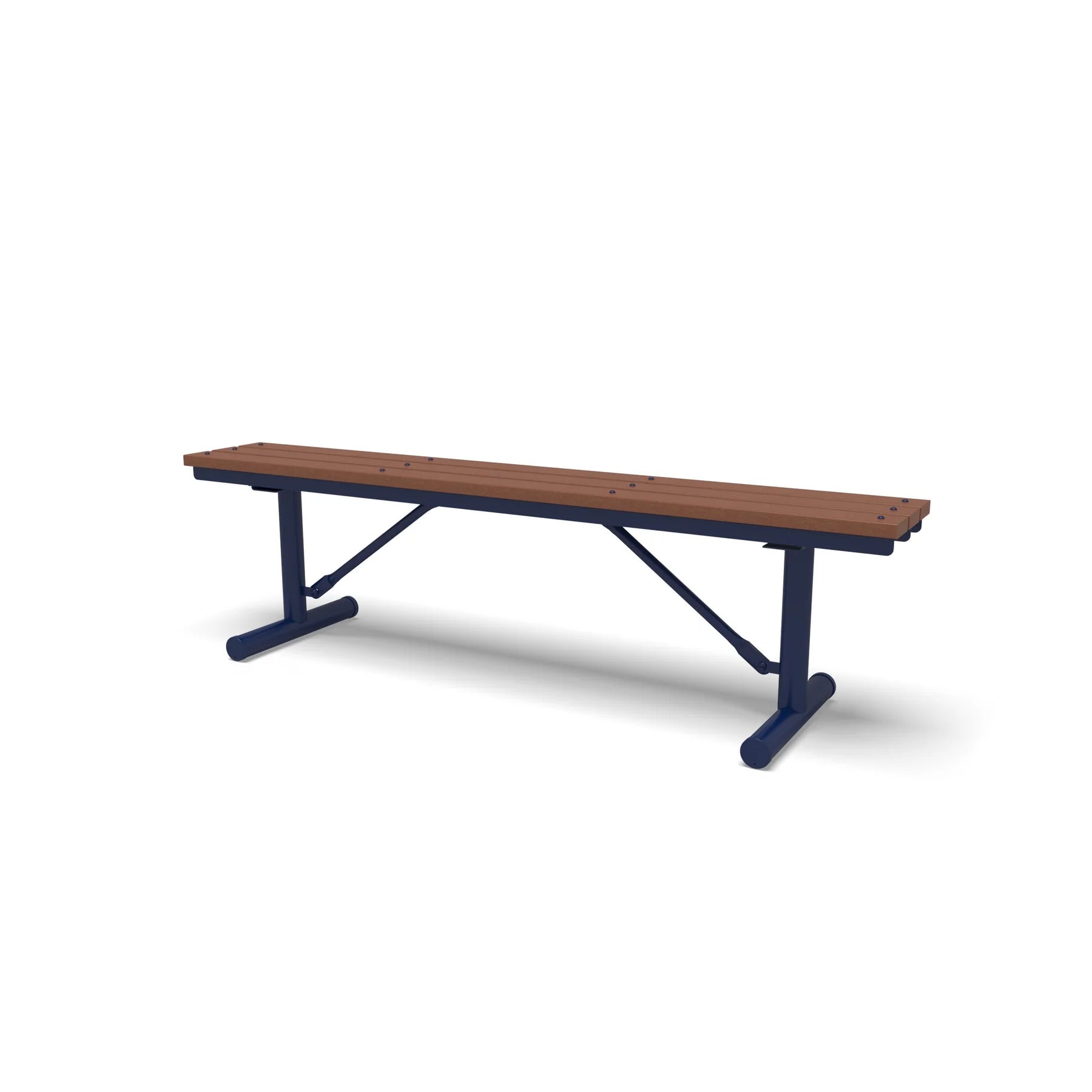 Blue Wabash Valley Rinnova Recycled Plastic Backless Bench with Cedar planks, Portable braced legs, plastic outdoor bench