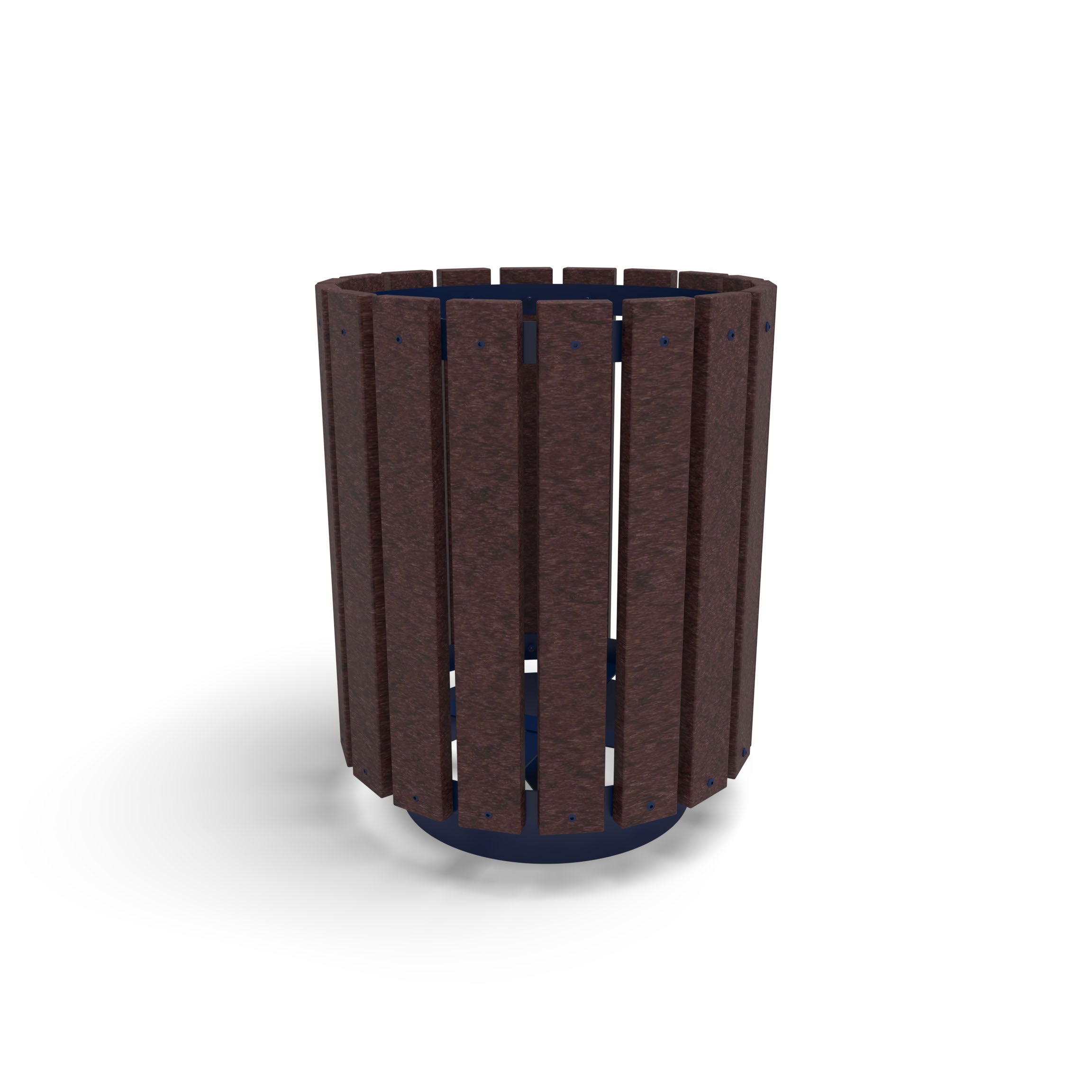 Blue Wabash Valley Rinnova Trash Receptacle, Milwaukee Brown Slats, recycled plastic planks on a blue powder-coated steel frame, model RV300G, eco friendly trash can