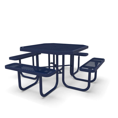 Blue Wabash Valley Signature Octagon Diamond Metal Portable Picnic Table, solid blue frame, top and seats, plastisol-coated steel, restaurant picnic table for patios