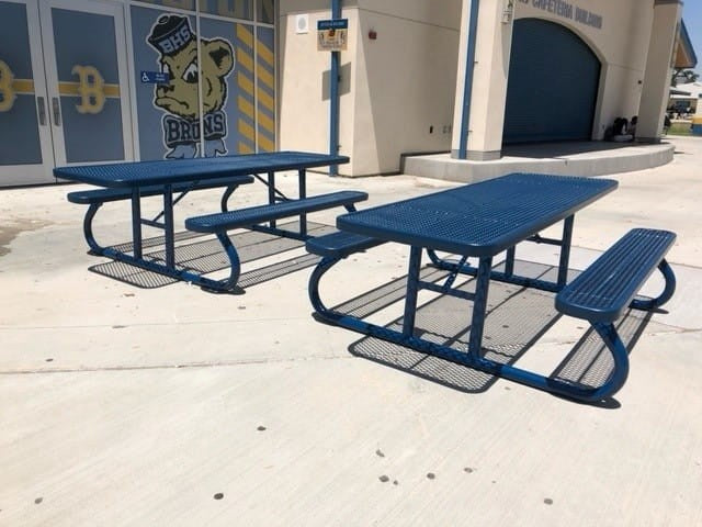 Blue Wabash Valley Signature Portable Picnic Tables with Diamond tops on a school campus plaza, outdoor tables for schools