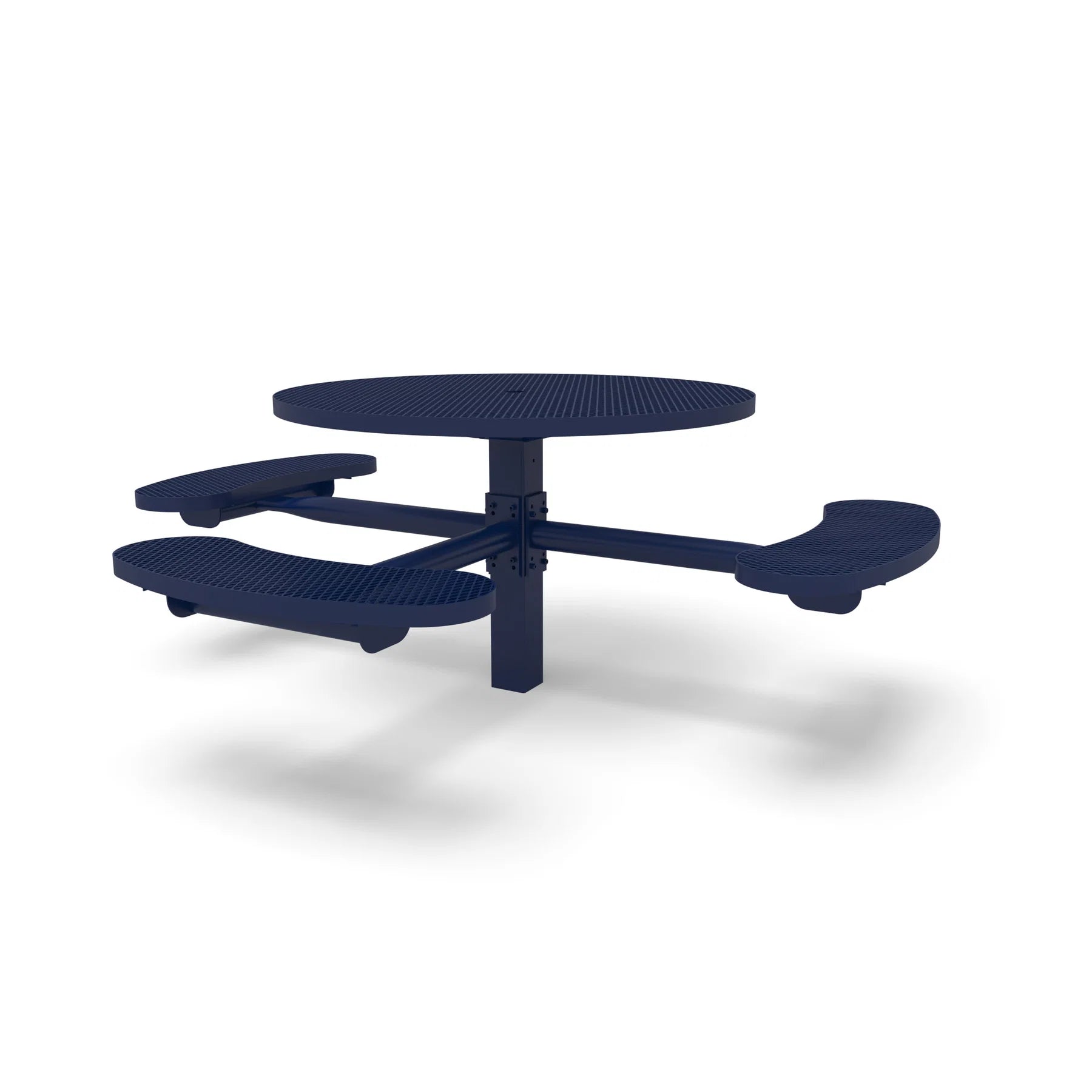 Blue Wabash Valley Signature Round Pedestal Picnic Table, Diamond, Standard - ADA Accessible - Inground, in plastisol-coated steel, model SG250D, commercial patio furniture