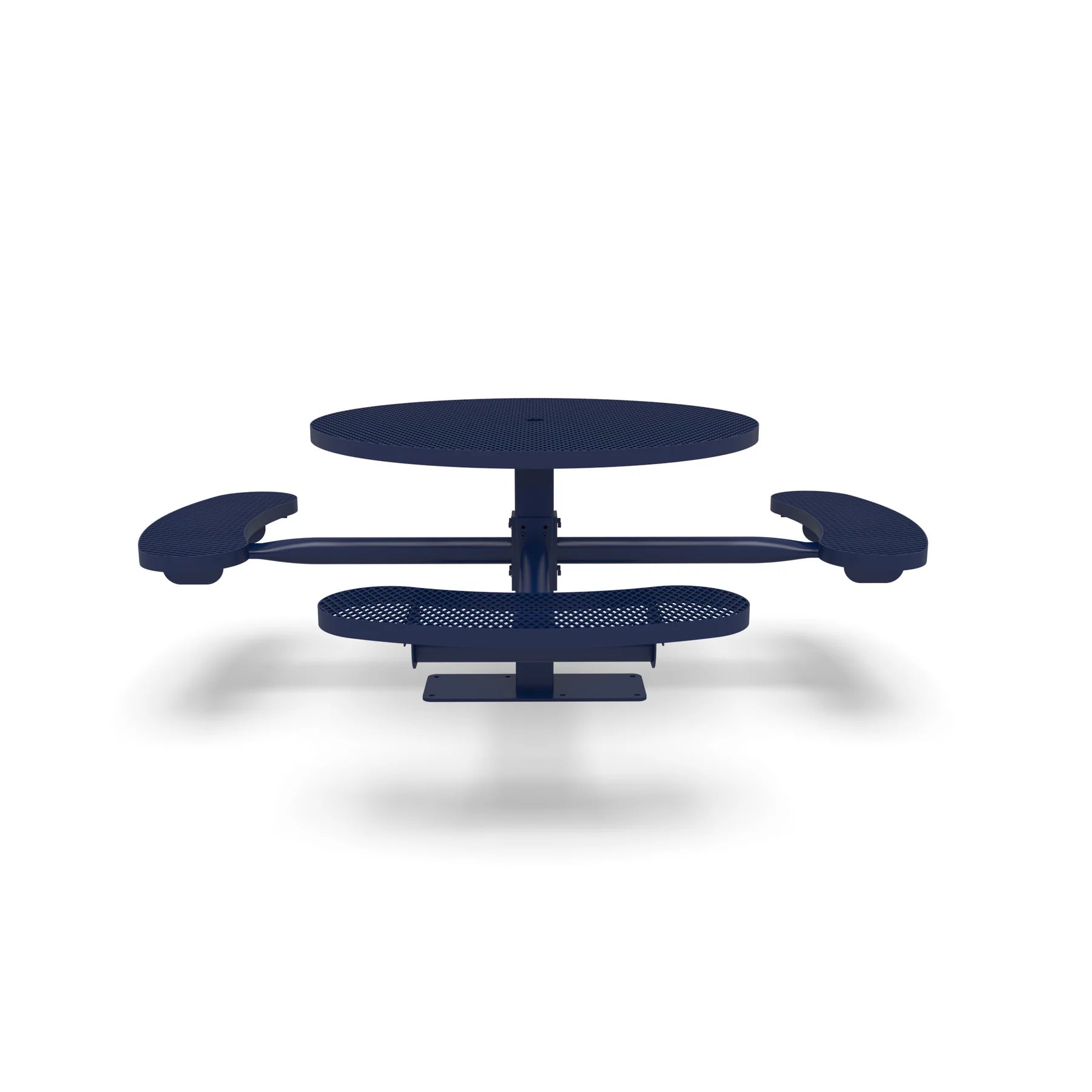 Blue Wabash Valley Signature Round Pedestal Picnic Table, Diamond, Standard - ADA Accessible - Surface Mount, in plastisol-coated steel, model SG249D, commercial patio furniture