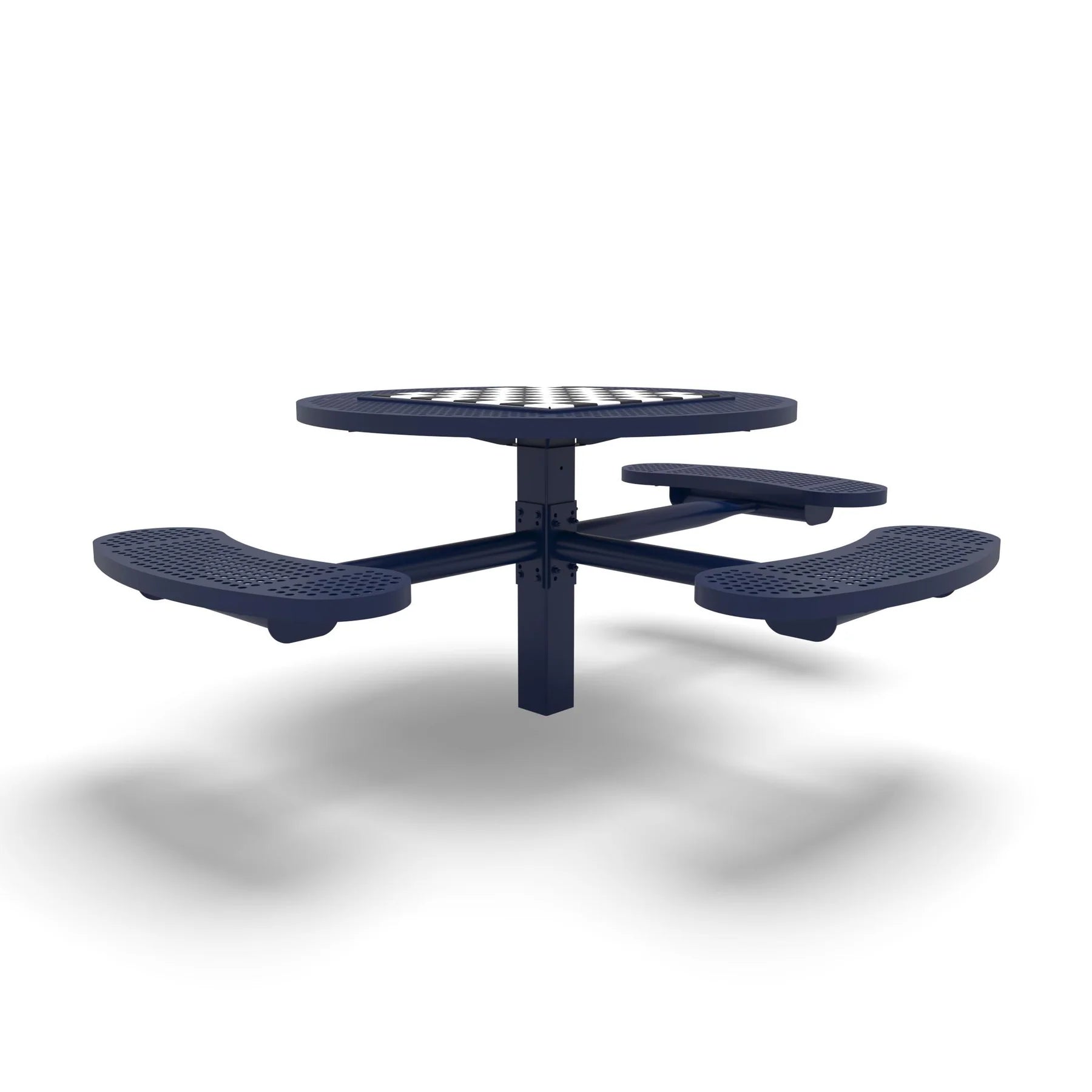 Blue Wabash Valley Signature Round Pedestal Picnic Table, Perforated, Chessboard - ADA Accessible - Inground, in plastisol-coated steel, model SP215P, park chess table