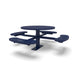 Blue Wabash Valley Signature Round Pedestal Picnic Table, Perforated, Standard - 4 Seats - Surface Mount, in plastisol-coated steel, model SG244P, round outdoor dining table for 4