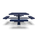 Blue Wabash Valley Signature Square Pedestal Picnic Table, Perforated, Standard - 4 Seats - Surface Mount - 46 Inch, in plastisol-coated steel, model SG229P, square outdoor dining table