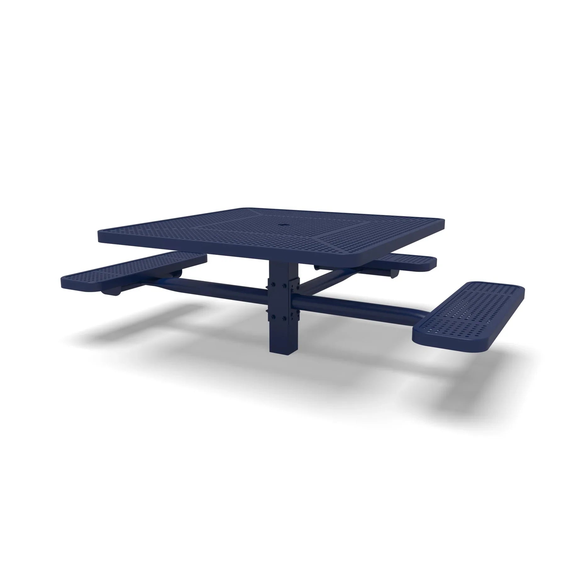 Blue Wabash Valley Signature Square Pedestal Picnic Table, Perforated, Standard - ADA Accessible - Inground - 46 Inch, in plastisol-coated steel, model SG235P, business patio furniture