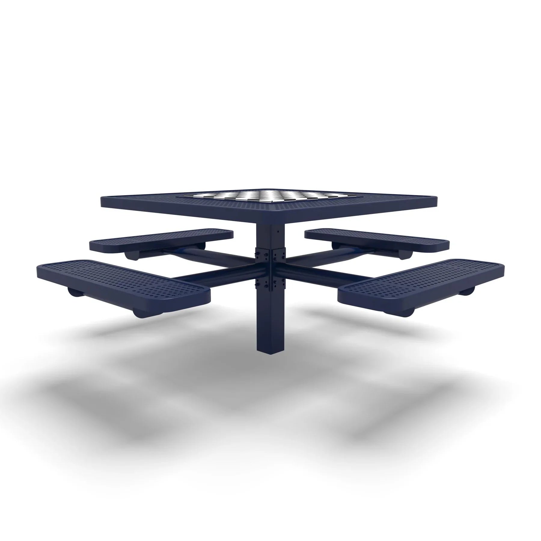 Blue Wabash Valley Signature Square Pedestal Picnic Table, Perforated, Chessboard - 4 Seats - Inground - 46 Inch, in plastisol-coated steel, model SP225P, outdoor checkers table