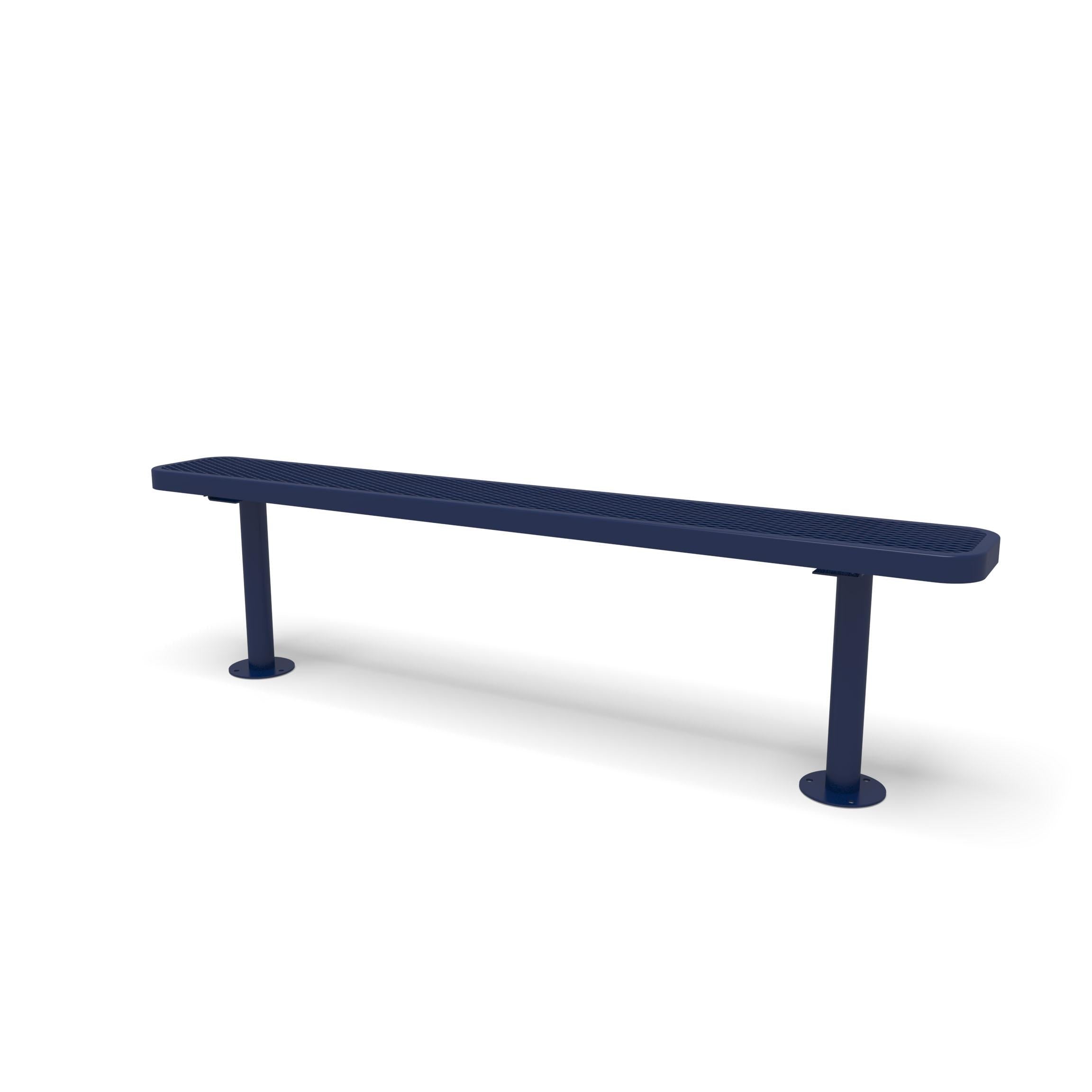 Blue Wabash Valley Signature Steel Backless Bench, Diamond, 6' Surface Mount base plates, solid blue, plastisol-coated steel, commercial seating bench