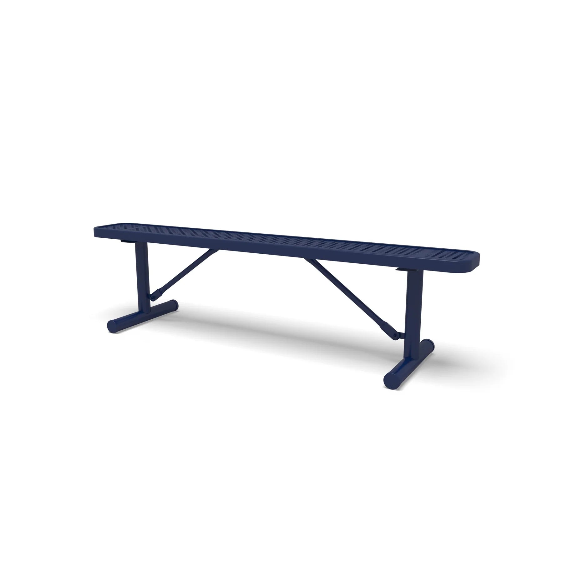 Blue Wabash Valley Signature Steel Backless Bench, Perforated, 6' Portable with braced legs, solid blue, plastisol-coated steel, outdoor seating bench