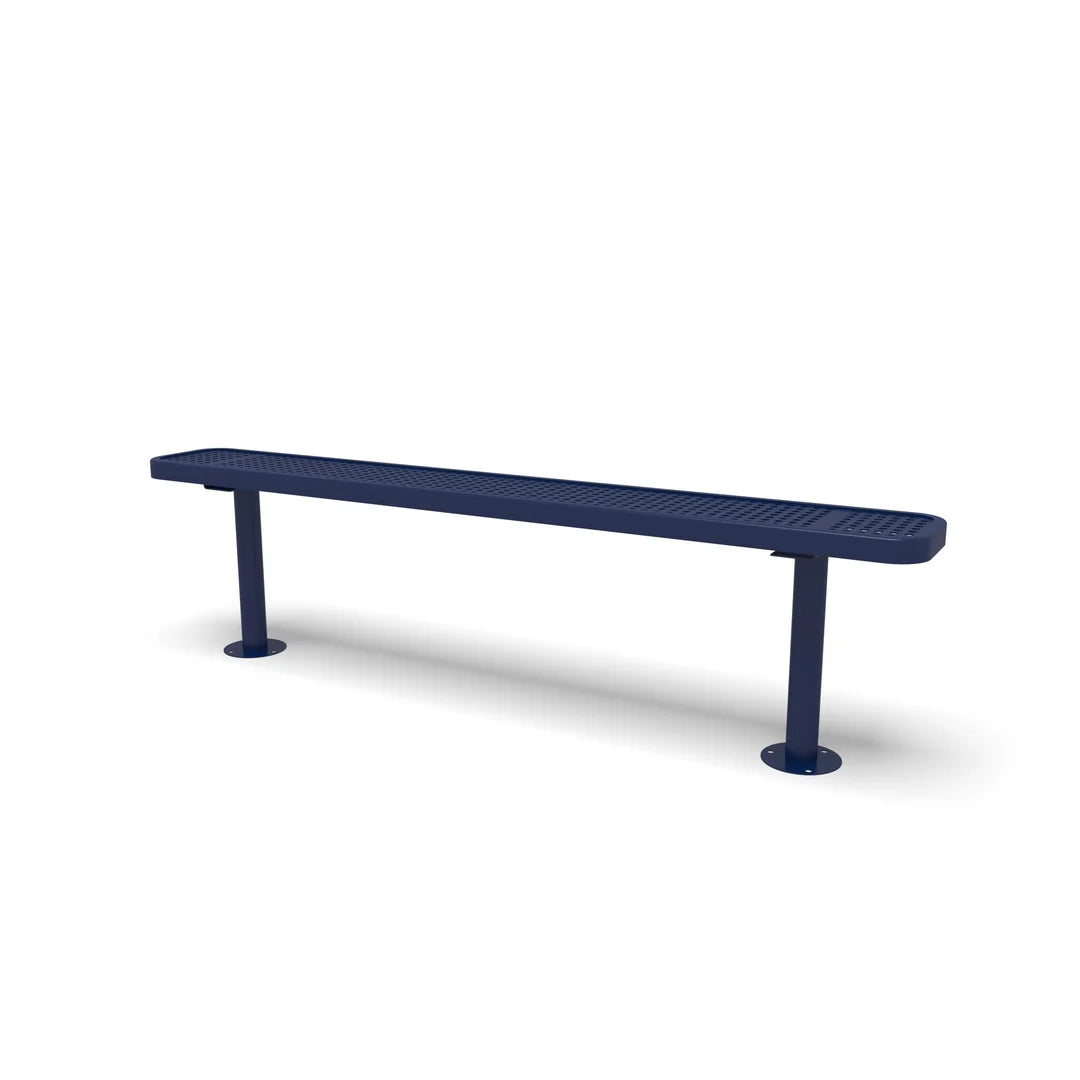 Blue Wabash Valley Signature Steel Backless Bench, Perforated, 6' Surface Mount base plates, solid blue, plastisol-coated steel, walkway bench