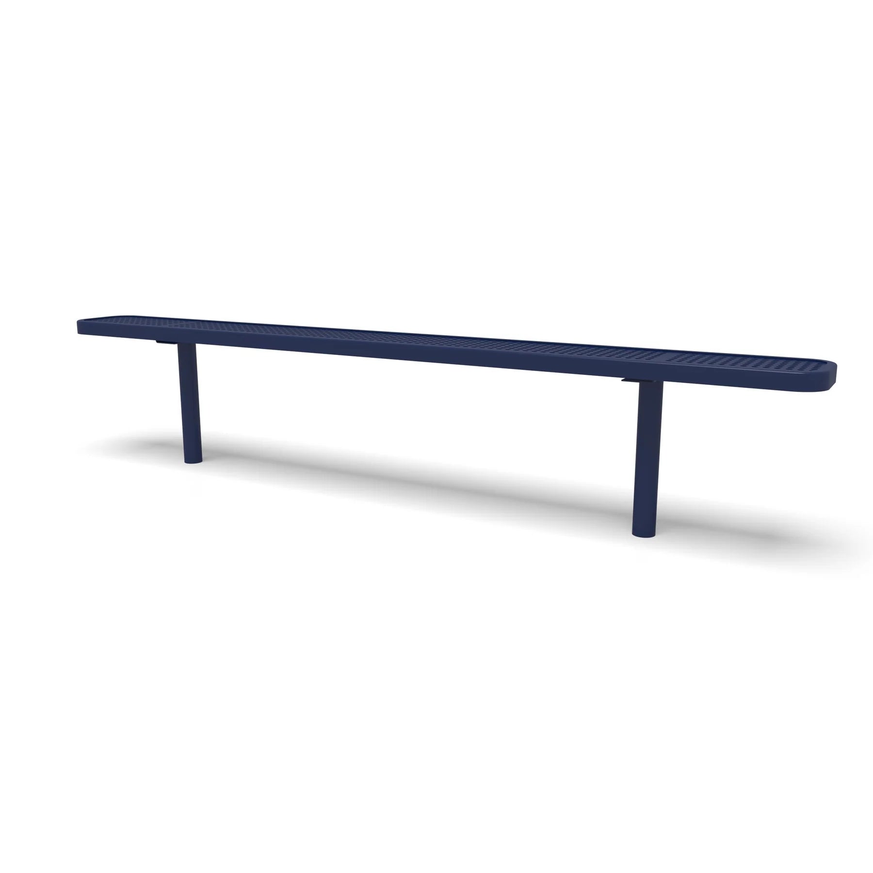 Blue Wabash Valley Signature Steel Backless Bench, Perforated, 8' Inground posts, solid blue, plastisol-coated steel, commercial seating bench