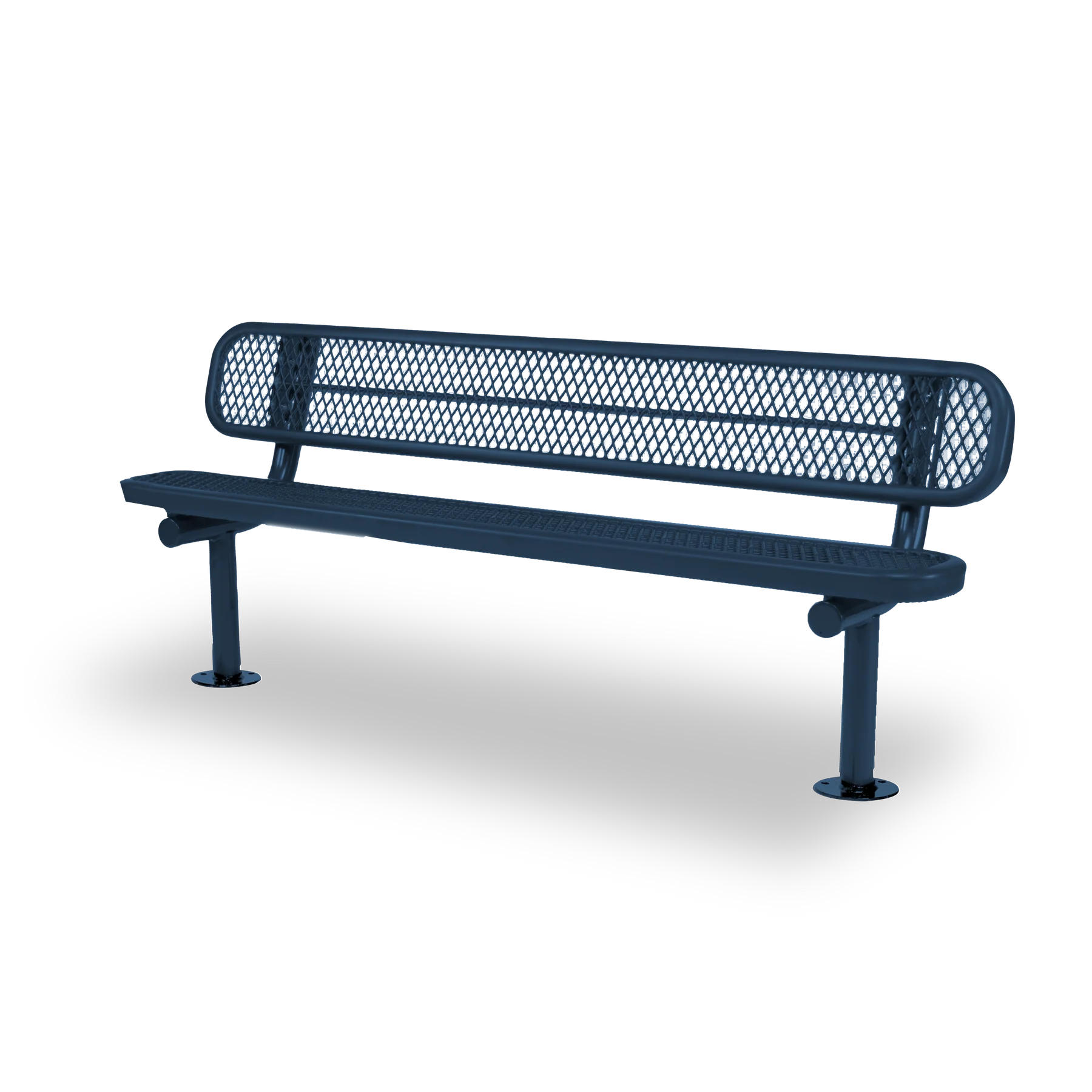 Blue Wabash Valley Signature Steel Bench, Diamond seat and back, Surface Mount base plates, outdoor bench with back