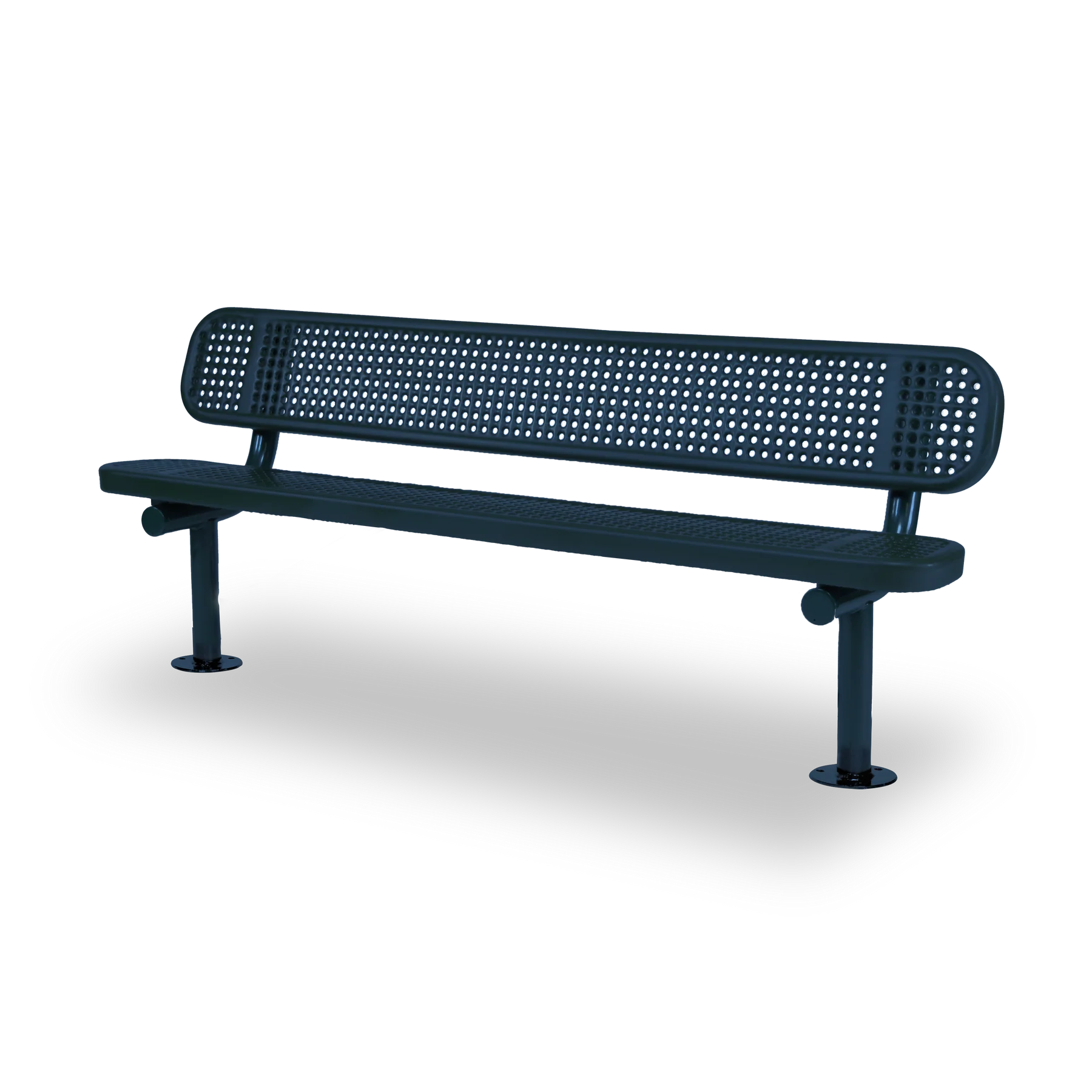 Blue Wabash Valley Signature Steel Bench, Perforated seat and back, Surface Mount base plates, outdoor bench with back