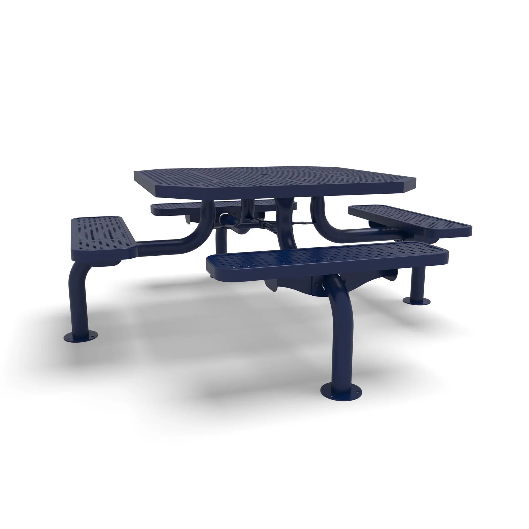 Blue Wabash Valley Spyder Octagon 46 inch Picnic Table, Perforated plastisol coated steel, 4 attached seats, model SY125P, octagon shaped picnic table