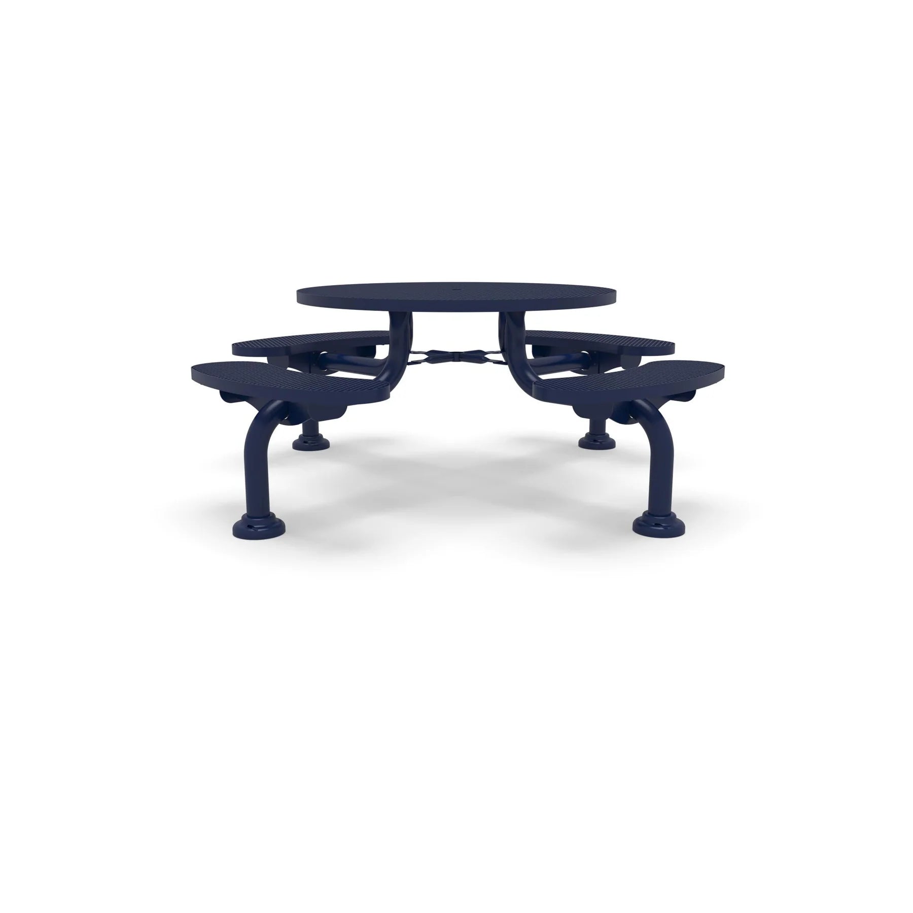 Blue Wabash Valley Spyder Round Picnic Table, Diamond plastisol coated steel, 4 attached seats, model SY110D, picnic table with attached benches