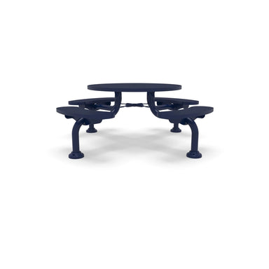 Blue Wabash Valley Spyder Round Picnic Table, Diamond plastisol coated steel, 4 attached seats, model SY110D, picnic table with attached benches