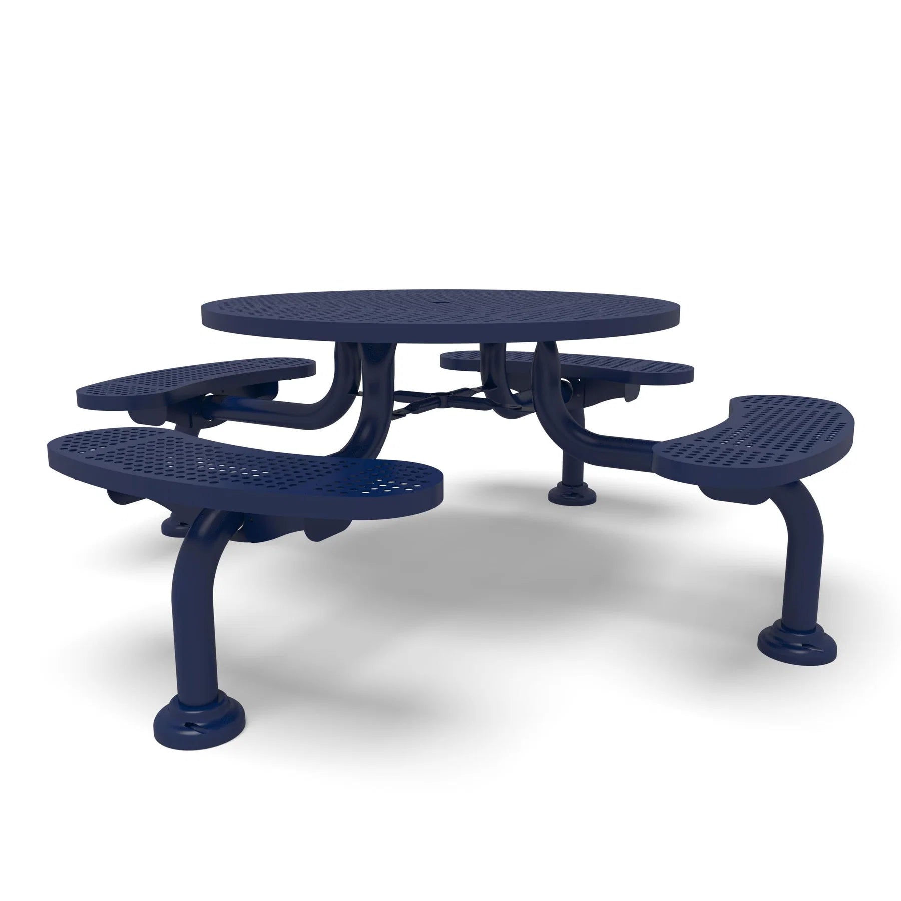 Blue Wabash Valley Spyder Round Picnic Table, Perforated plastisol coated steel, 4 attached seats, model SY110P, picnic table with attached benches