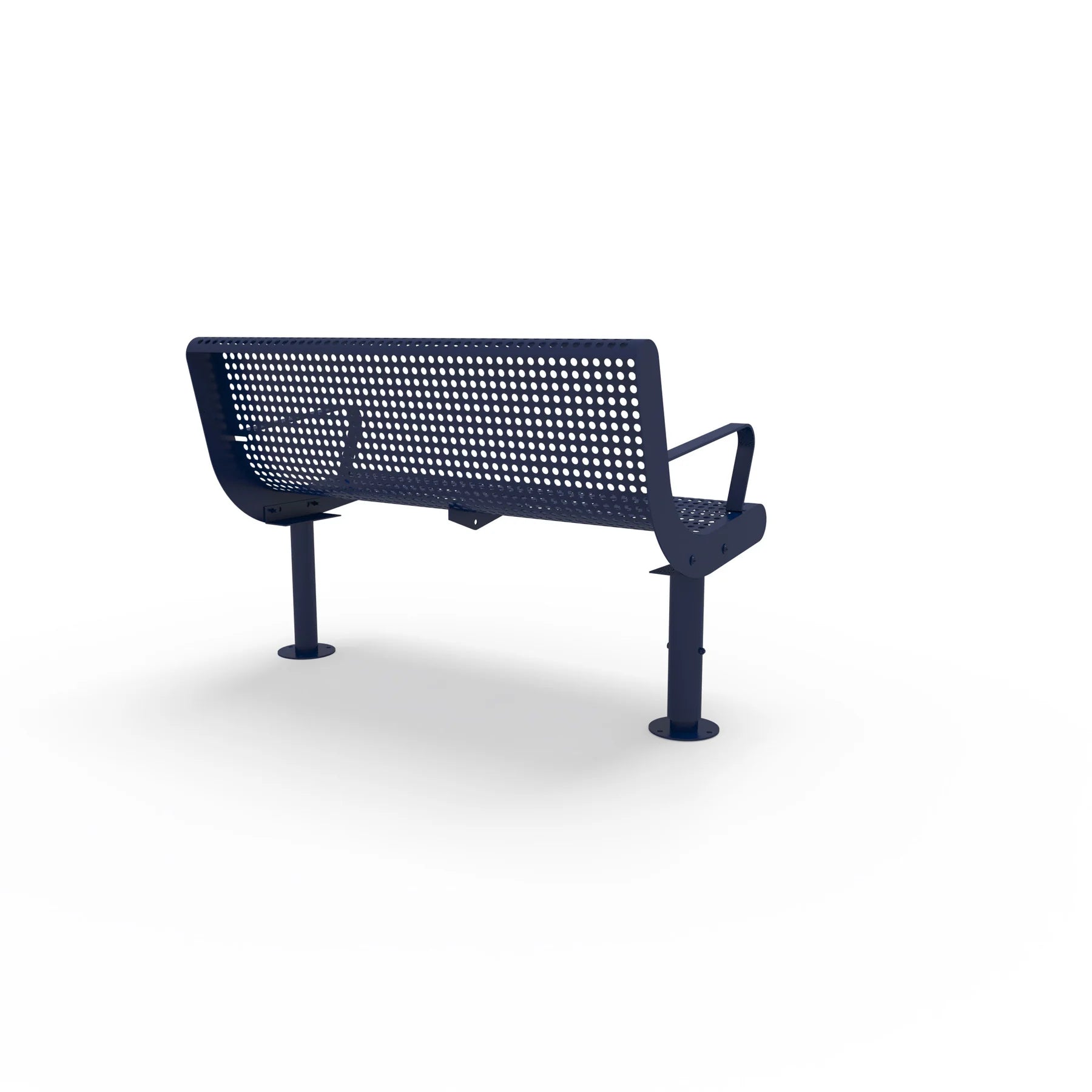 Blue Wabash Valley Steel Transit Bench, With Armrests, rear view, 4 ft perforated steel seat and back on adjustable surface mount legs, model TR300P, bus stop seating