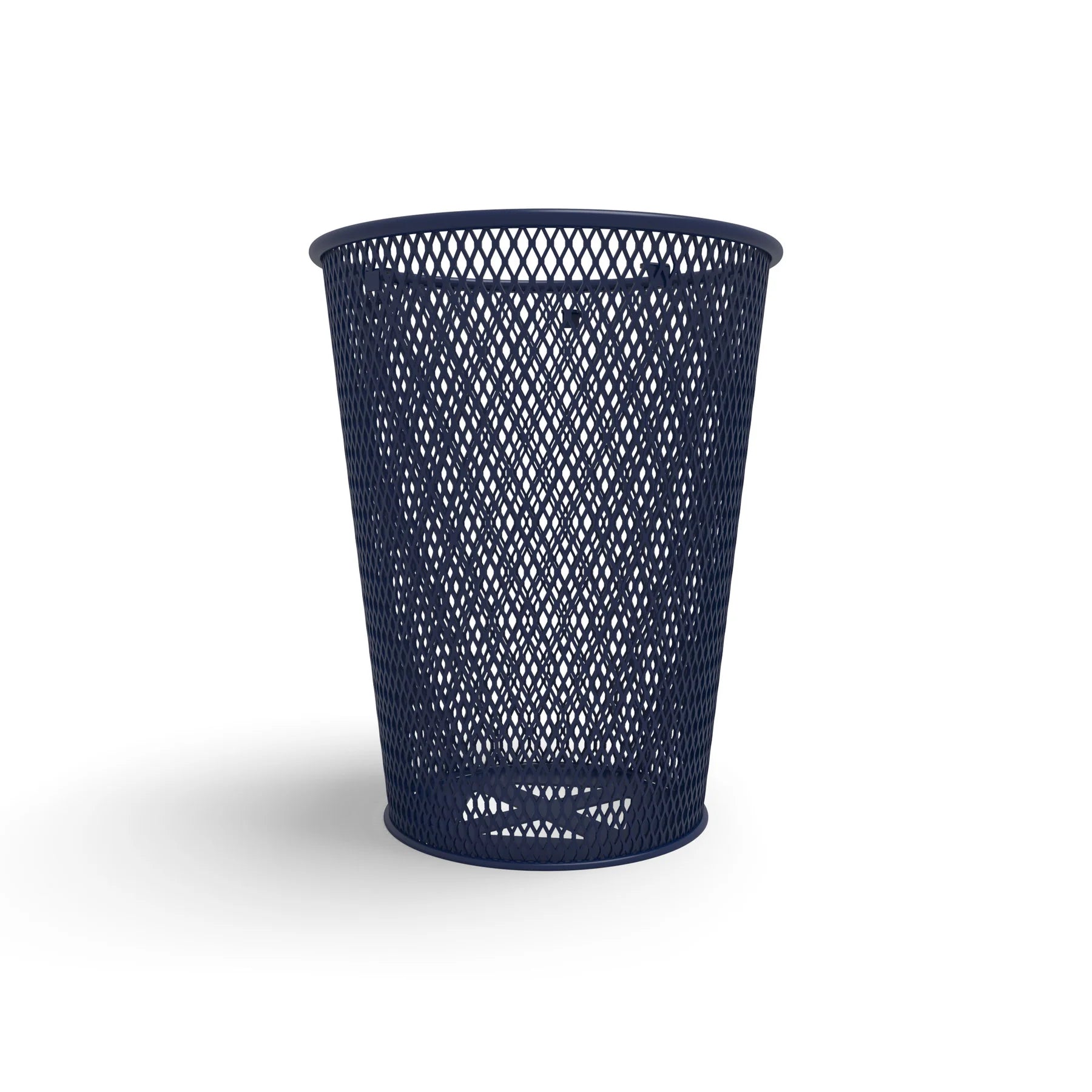 Blue Wabash Valley Tapered Trash Receptacle, tapered diamond expanded metal body, plastisol coated, model LR350D, steel trash can