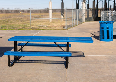 Blue MyTCoat ADA Accessible (1 Side) Rectangular Portable Picnic Table Beside Bleachers with Blue MyTCoat 32 Gallon Skyline Trash Receptacle Lifestyle Image