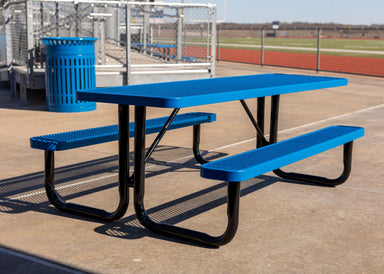 Blue MyTCoat Rectangular Portable Picnic Table with Blue MyTCoat 32 Gallon Skyline Trash Receptacle and School Track and Football Field Background Lifestyle Image