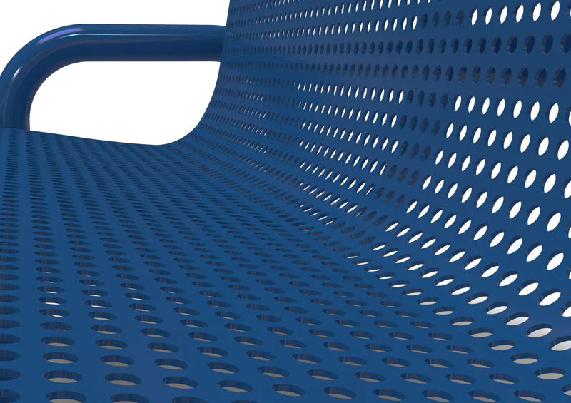 Blue Wabash Valley Contemporary Perforated steel Memorial Bench with surface mount Close up studio image
