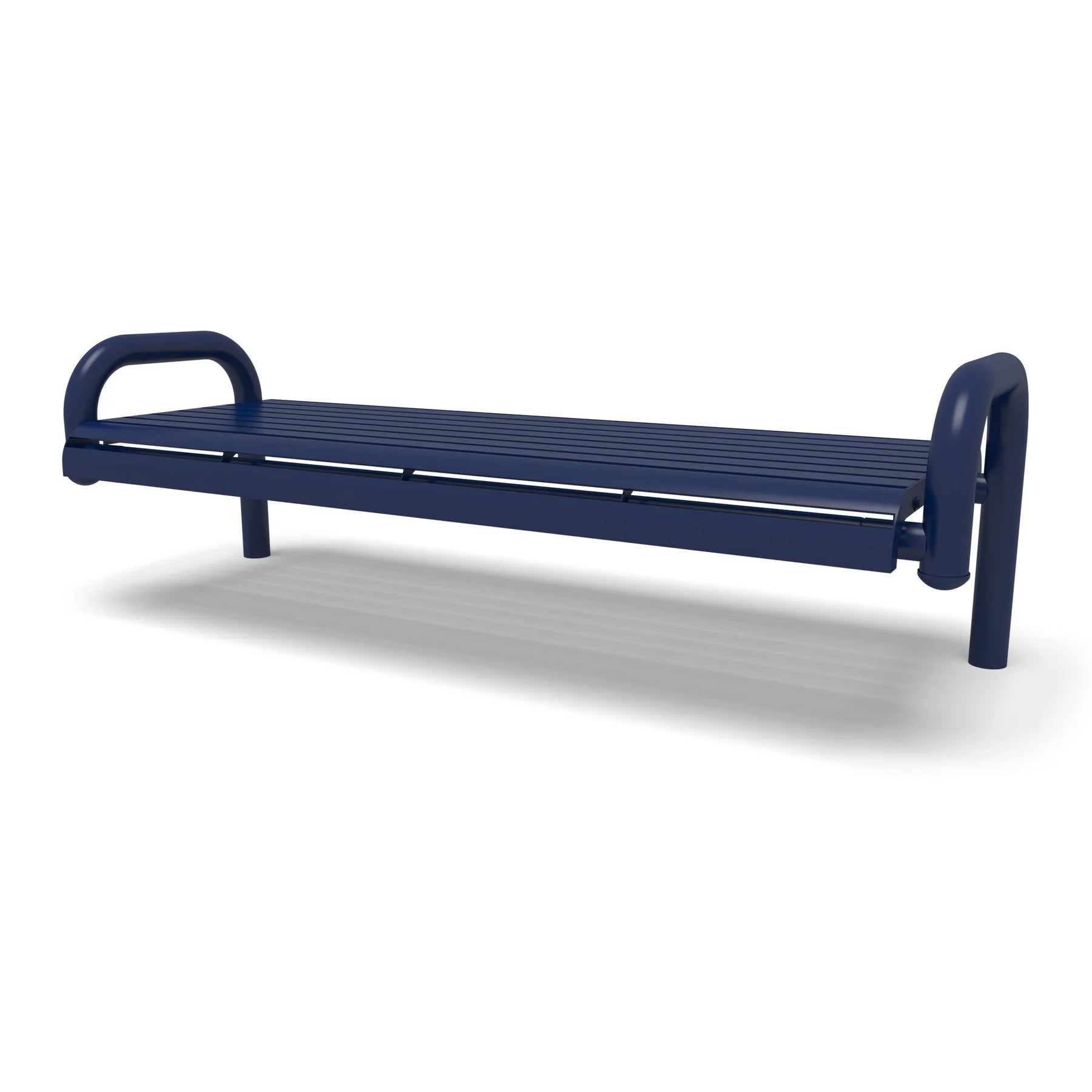 Blue Wabash Valley Contemporary Slatted Steel Backless Bench with Inground Mount Studio Image