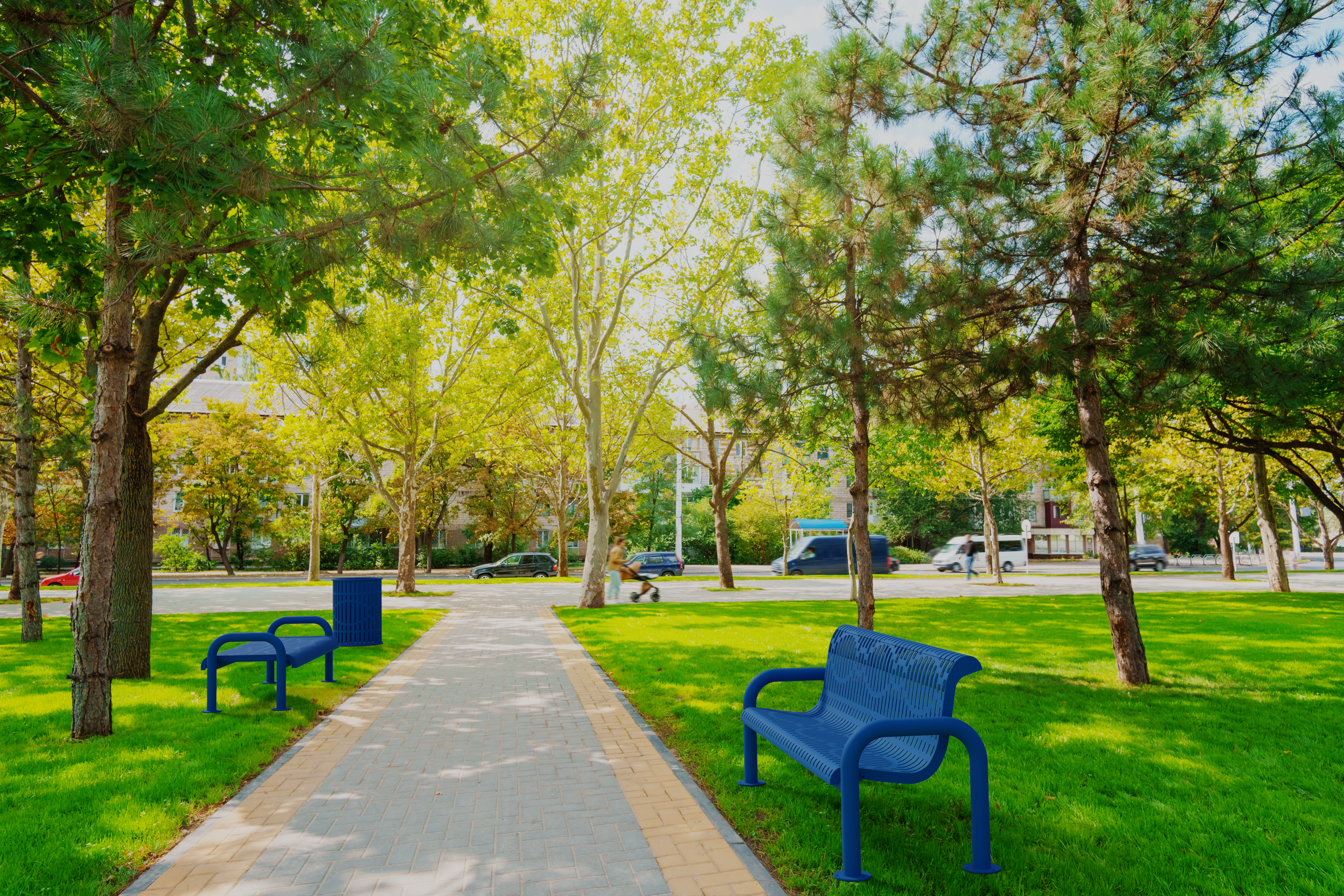 Blue Wabash Valley Signature Ribbed Commercial Trash Receptacle In park Area Lifestyle Image