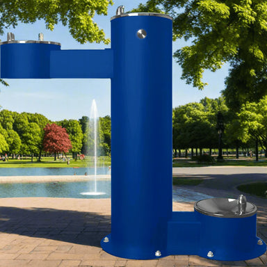 Blue Willoughby Free-standing Double Drinking Fountain Side Access, Adult Height with Dog Bowl Options with a fountain Aerator and pond in the background