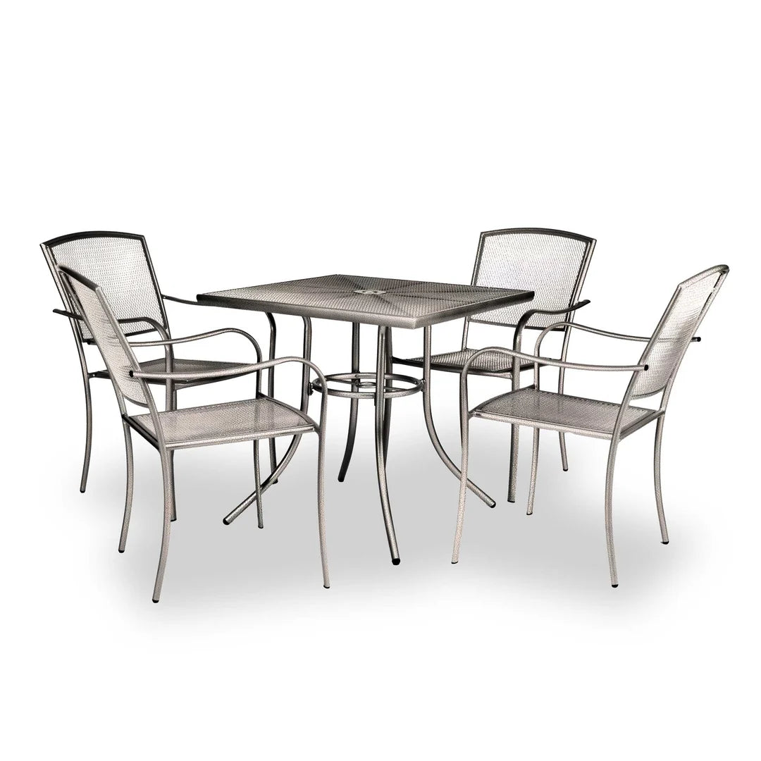 Bronze 30 inch Sullivan square steel mesh patio table with four matching stacking chairs, model SU2X38P, steel patio table