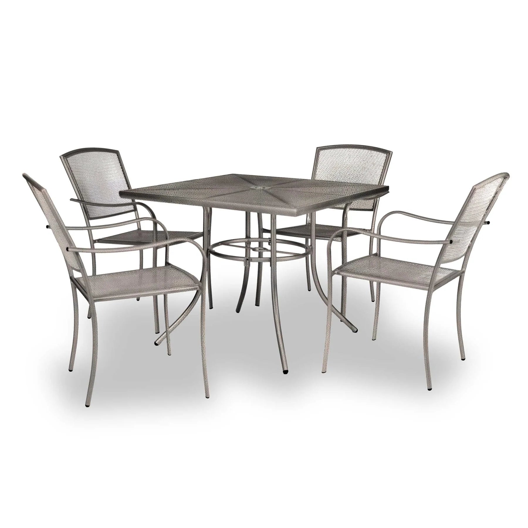 Bronze 36 inch Sullivan square steel mesh patio table with four matching stacking chairs, model SU2V38P, patio set for 4