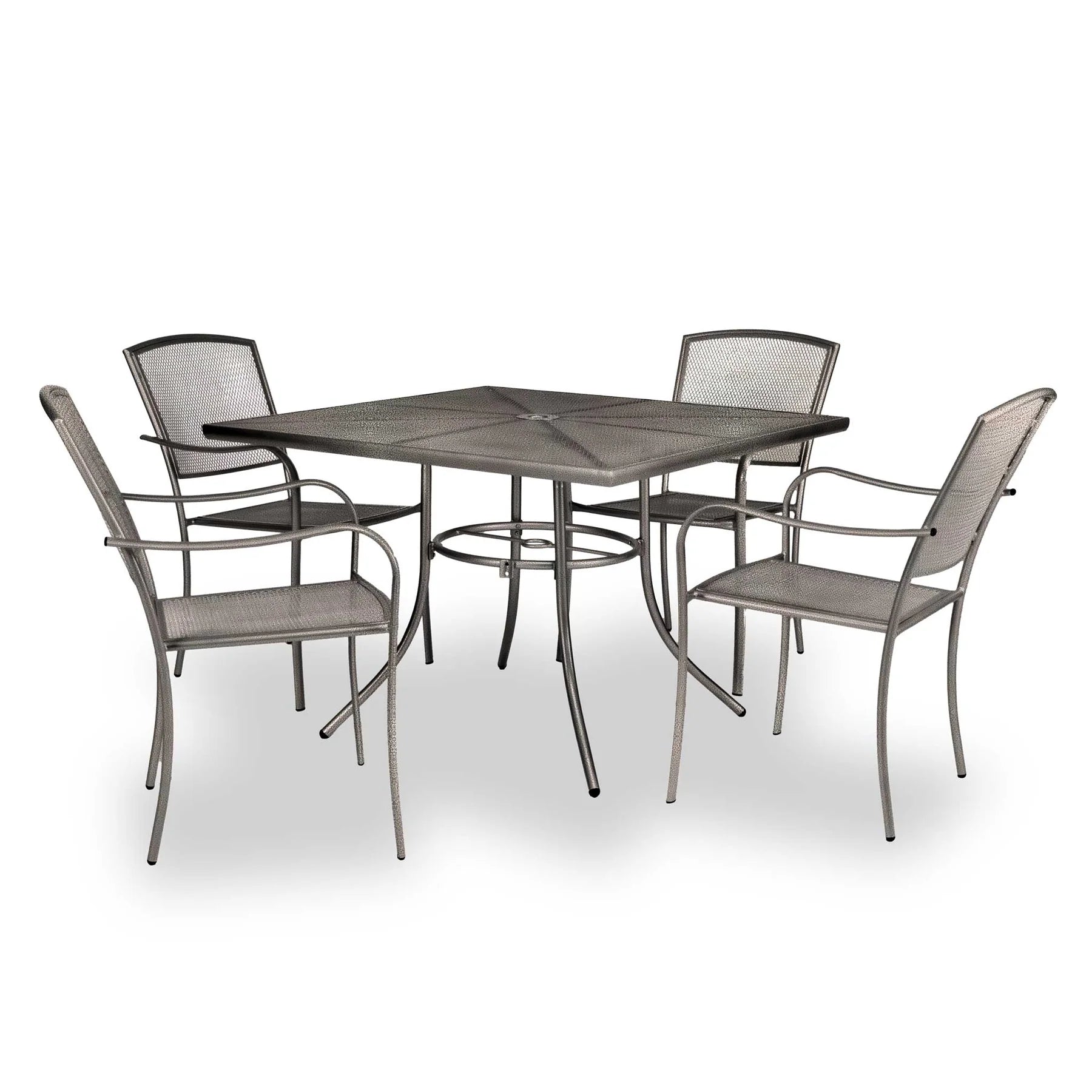 Bronze 42 inch Sullivan square steel mesh patio table with four matching stacking chairs, model SU2W38P, patio set for 4