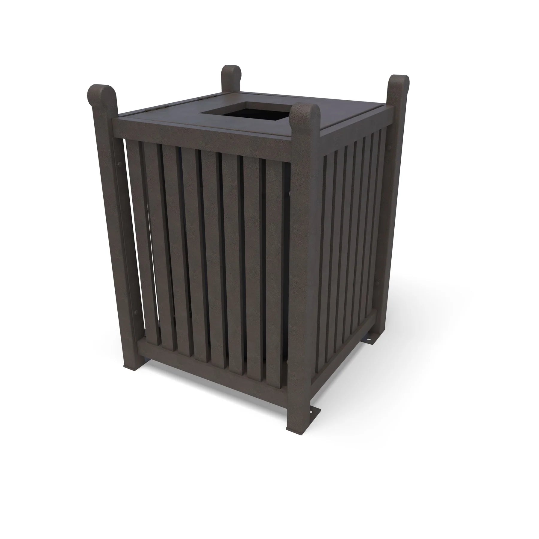 Bronze Wabash Valley 32 Gal. Yorktown Trash Receptacle, slatted aluminum body, hinged lid with a 10 inch square opening, model YO3F33C, outdoor trash can with lid