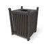 Bronze Wabash Valley 32 Gal. Yorktown Trash Receptacle, slatted aluminum body, hinged lid with a 10 inch square opening, model YO3F33C, outdoor trash can with lid