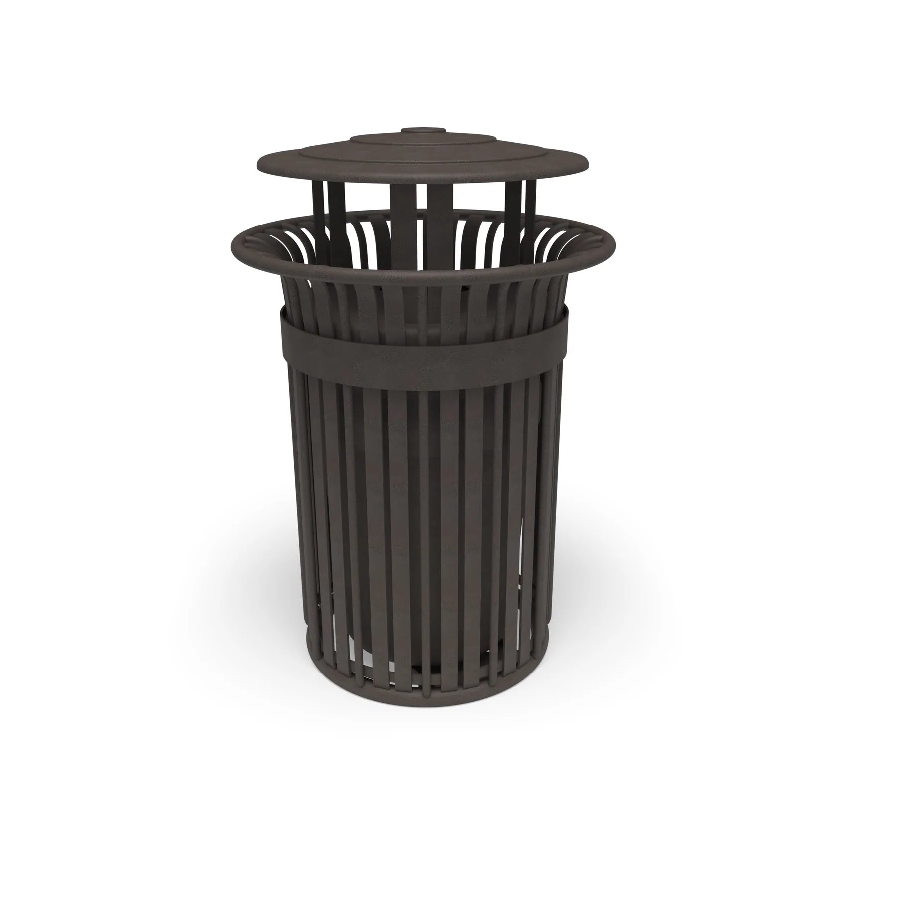 Bronze Wabash Valley Oxford Commercial Trash Receptacle, No Side Opening, slatted aluminum body and bonnet lid, liner included, model TJ3B33P, public trash can