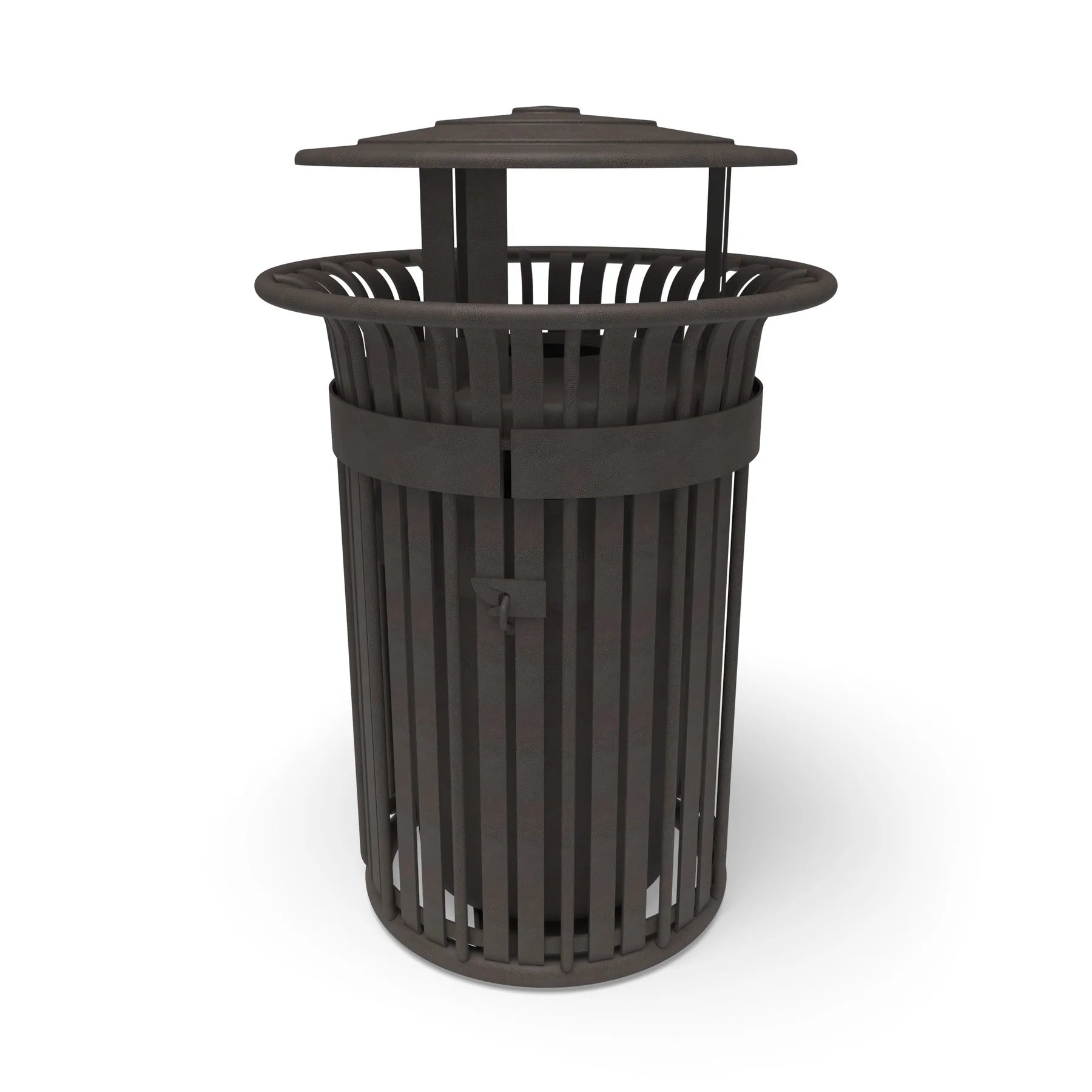 Bronze Wabash Valley Oxford Commercial Trash Receptacle, With Side Opening, slatted aluminum body and bonnet lid, liner included, model TJ3B43P, modern outdoor trash can