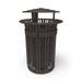 Bronze Wabash Valley Oxford Commercial Trash Receptacle, With Side Opening, slatted aluminum body and bonnet lid, liner included, model TJ3B43P, modern outdoor trash can