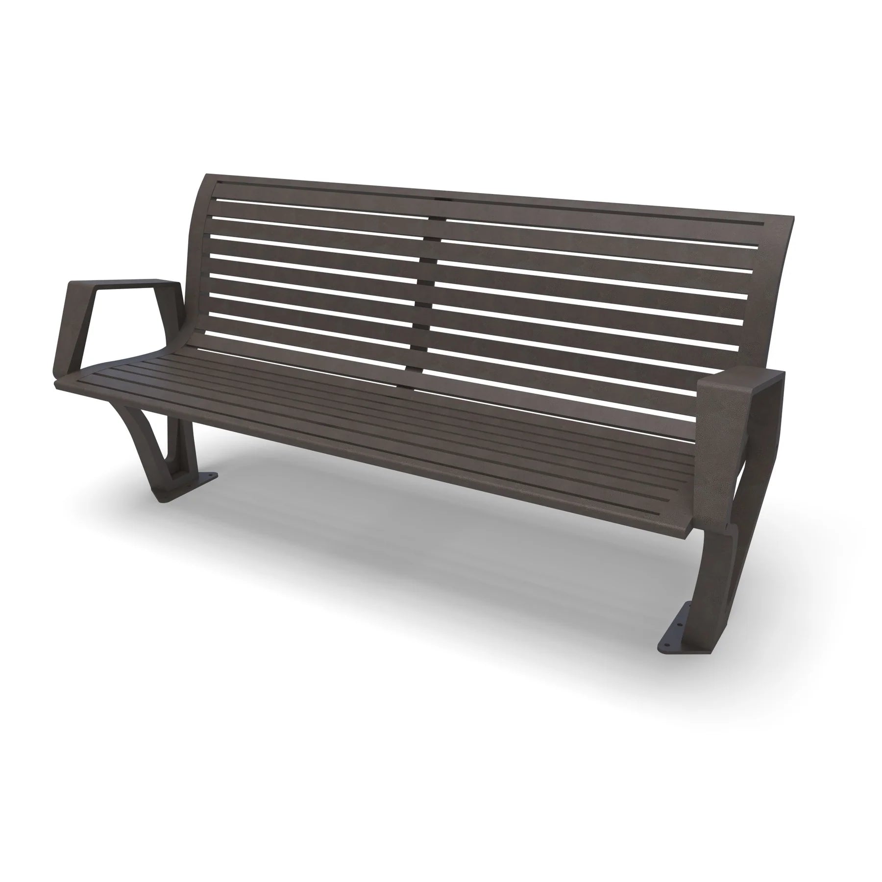 Bronze Wabash Valley Woodridge Aluminum Bench, horizontal slat seat and back, cast aluminum legs, surface mount, model WO1119S, aluminum bench with back