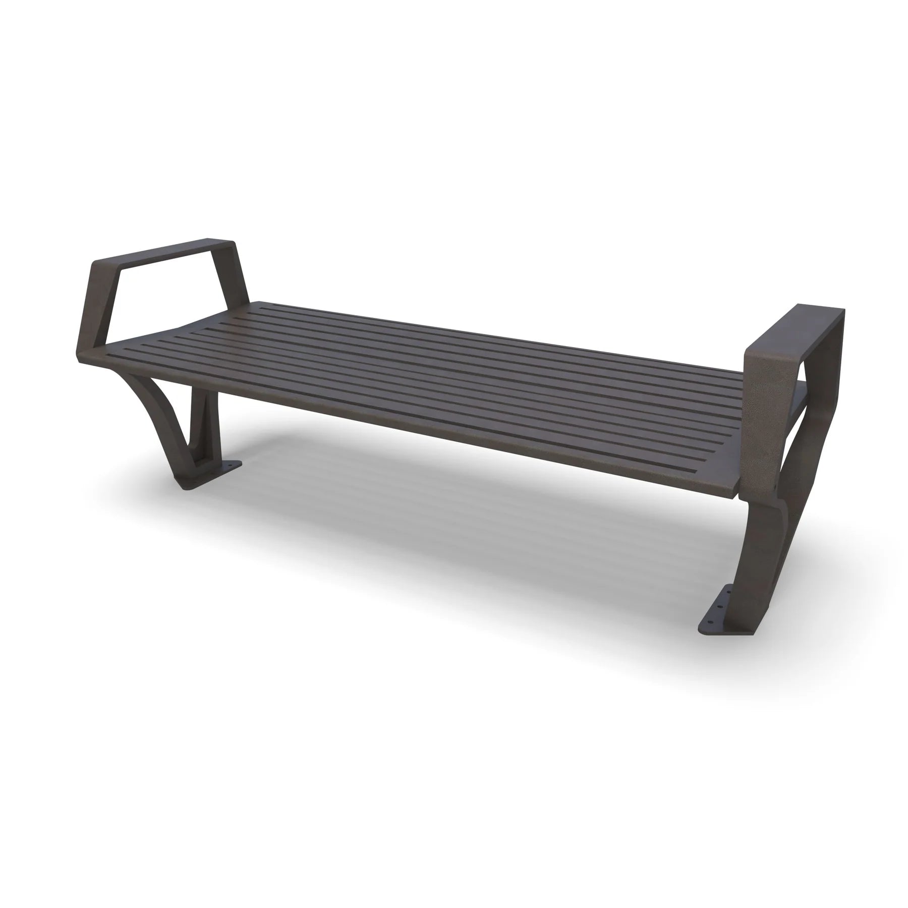 Bronze Wabash Valley Woodridge Backless Aluminum Bench, wide horizontal slat seat with arms, cast aluminum legs, surface mount, model WO1419S, wide outdoor bench