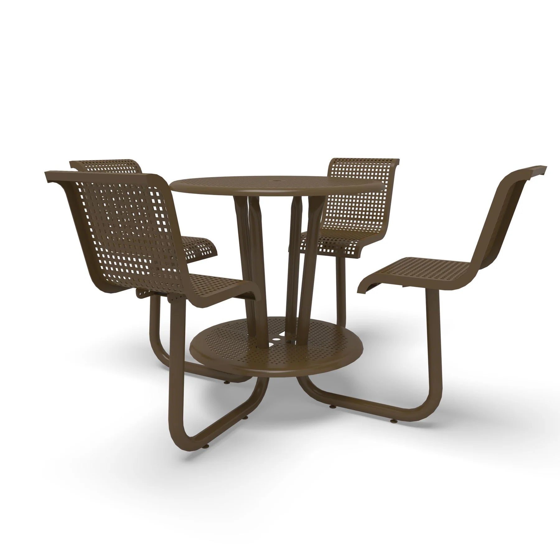 Brown Wabash Valley Camino Round Bar Height Table, perforated plastisol top at bar height, four seats with backs, foot ring, portable, model CM225Q, high top picnic table